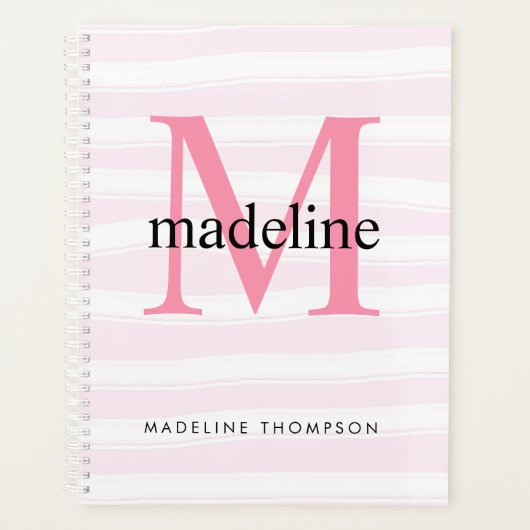Modern Girly Pink Stripes Monogramm Anfangsname Planer (Vorderseite)