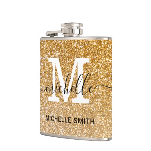 Modern Girly Shiny Gold Glitzer Name Monogram Flachmann (Links)