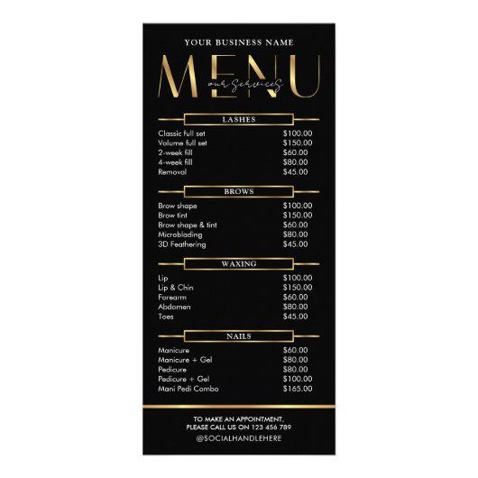 Modern Glam Black Gold Spa Beauty Salon Price List Werbekarte (Vorne)