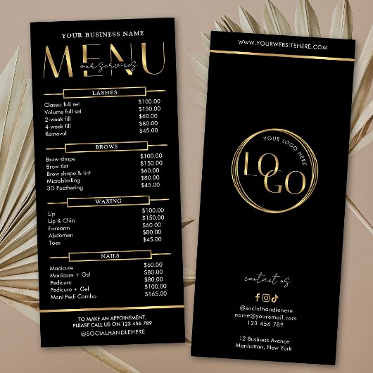 Modern Glam Black Gold Spa Beauty Salon Price List Werbekarte
