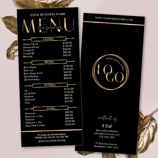 Modern Glam Black Gold Spa Beauty Salon Price List Werbekarte