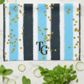 Modern Glam Blue Strip Gold Glitzer Monogram Geschirrtuch (Gefaltet)
