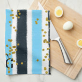 Modern Glam Blue Strip Gold Glitzer Monogram Geschirrtuch (Viertel Falte)
