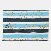 Modern Glam Blue Strip Gold Glitzer Monogram Geschirrtuch (Horizontal)