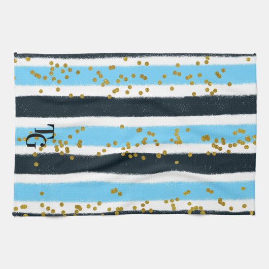 Modern Glam Blue Strip Gold Glitzer Monogram Geschirrtuch (Horizontal)