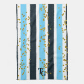 Modern Glam Blue Strip Gold Glitzer Monogram Geschirrtuch (Vertikal)