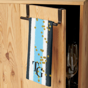 Modern Glam Blue Strip Gold Glitzer Monogram Geschirrtuch