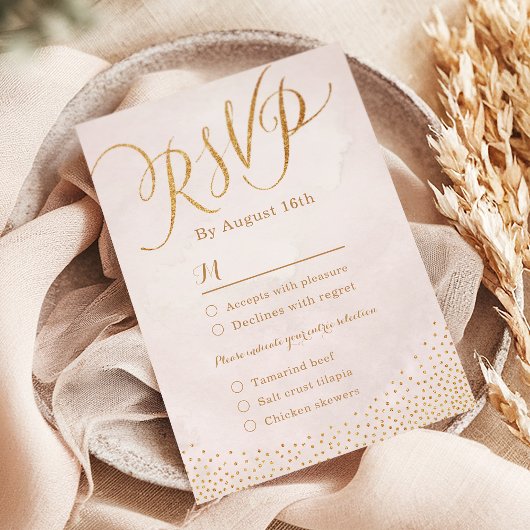 Modern glam blush rose gold calligraphy RSVP Karte