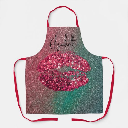 Modern Glam Red Glittery Kiss Lipstick Impressum Schürze (Vorderseite)