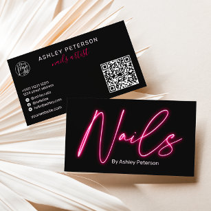 Modern glam rosa Neonnägel Skript-Logo qr Code Visitenkarte