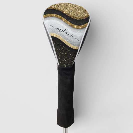 Modern Glam Schwarz-weiß Gold Glitzer Name Golf Headcover (Vorderseite)