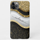 Modern Glam Schwarz-weiß Gold Glitzer Name iPhone Hülle (Rückseite)