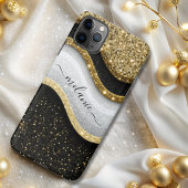 Modern Glam Schwarz-weiß Gold Glitzer Name iPhone Hülle
