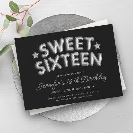 Modern Glam Silver Balloons Black Sweet 16 Einladung