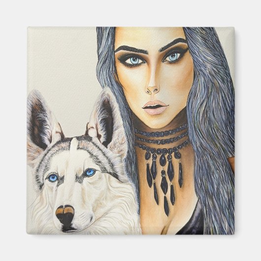 Modern Glam Woman & Husky Wolf Dog Magnet (Vorne)