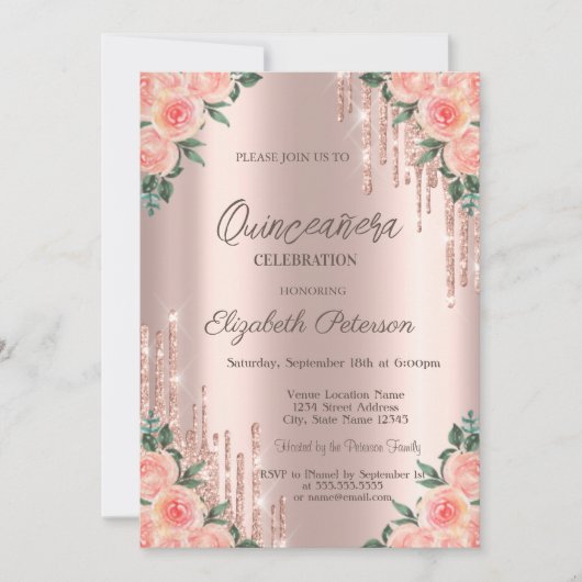 Modern Glitter Drips Floral Rose Gold Quinceanera Einladung (Vorderseite)