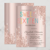Modern Glitter Drips Rose Gold Colorful Sweet 16 Einladung (Vorne/Hinten)