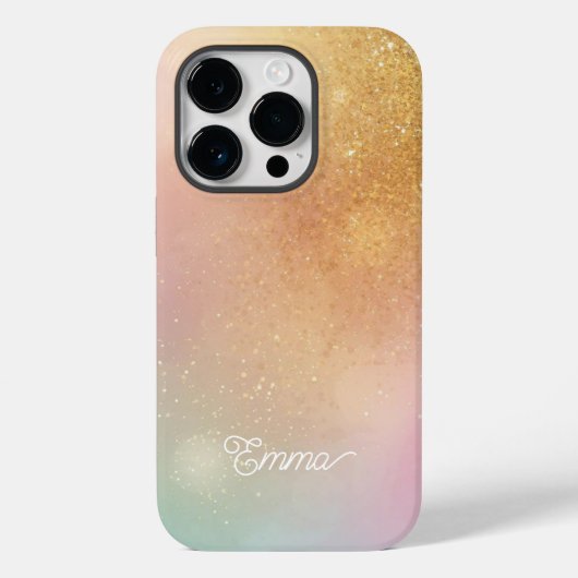 Modern Glitter Holographic Gold with Name Case-Mate iPhone Hülle (Rückseite)