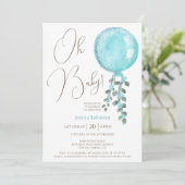 Modern Glitzer Boy Blue Ballon Oh Babydusche Einladung (Stehend Vorderseite)