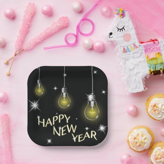 Modern Glowing Light Bulbs Happy New Year Pappteller (Party)