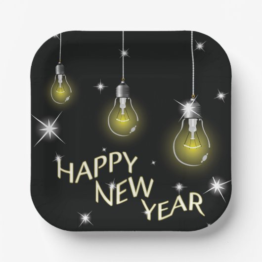 Modern Glowing Light Bulbs Happy New Year Pappteller (Vorderseite)