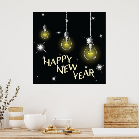 Modern Glowing Light Bulbs Happy New Year Poster (Küche)
