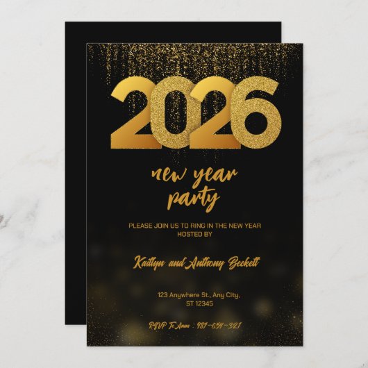 Modern Gold 2026 New Year Party Digital Einladung (Vorne/Hinten)