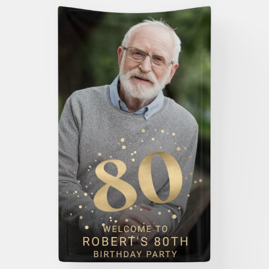 Modern Gold 80th Photo Birthday Welcome Party Banner (Vertikal)