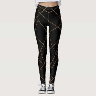 Modern Gold & Black Geometric Strokes Design Leggings