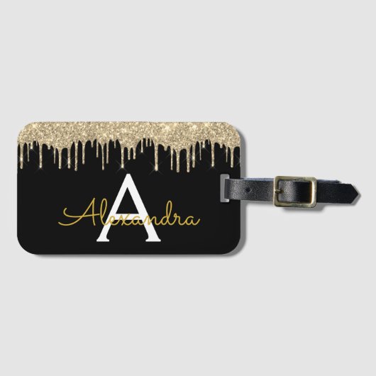 Modern Gold Black Glitzer Sparkeller Monogram Gepäckanhänger (Vorderseite (Horizontal))