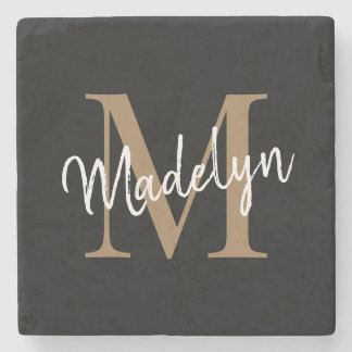 Modern Gold Black Monogram Feminine Script Name Steinuntersetzer