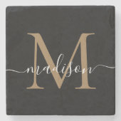 Modern Gold Black Monogram Feminine Script Name Steinuntersetzer (Vorderseite)