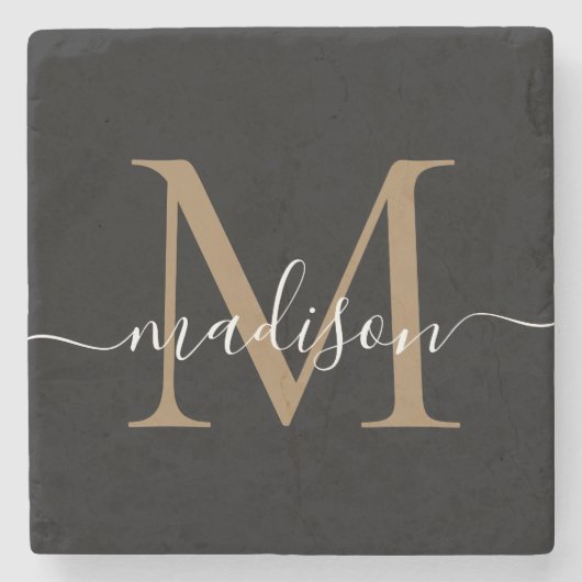 Modern Gold Black Monogram Feminine Script Name Steinuntersetzer (Vorderseite)