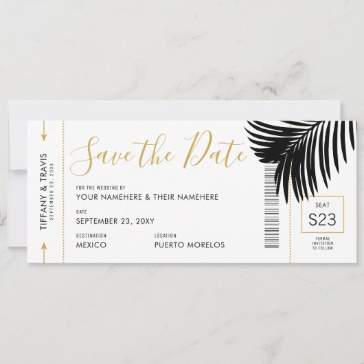 Modern Gold Black Palm Destination Boarding Pass Save The Date (Vorderseite)