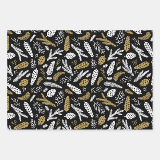Modern Gold Black Partridge Pine Cones Botanisch Geschenkpapier Set (Vorderseite 3)