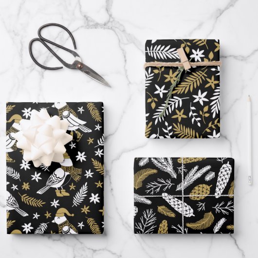 Modern Gold Black Partridge Pine Cones Botanisch Geschenkpapier Set (Vorderseite)