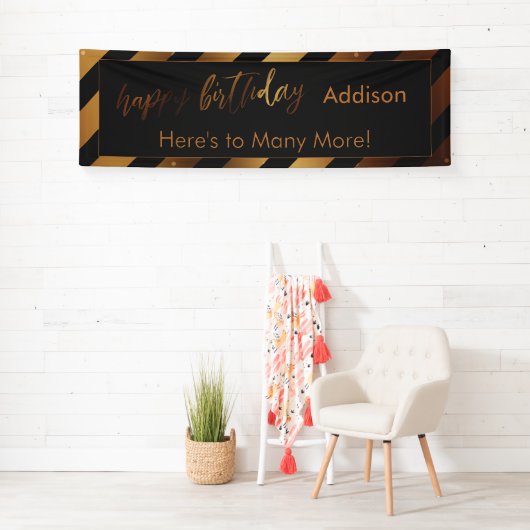 Modern Gold & Black Streifen glücklich zum Geburts Banner (Insitu)