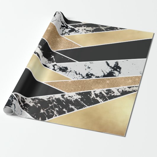 Modern Gold Black White Glitter Marble Geometric Geschenkpapier (Ungerollt)