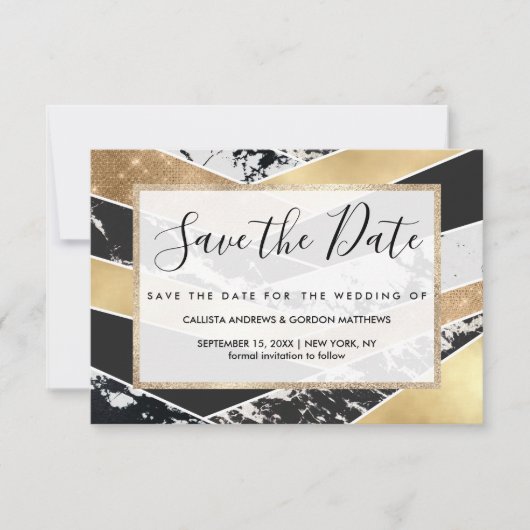 Modern Gold Black White Glitter Marble Geometric Save The Date (Vorderseite)