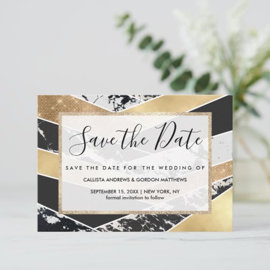 Modern Gold Black White Glitter Marble Geometric Save The Date (Stehend Vorderseite)