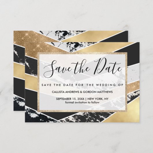 Modern Gold Black White Glitter Marble Geometric Save The Date (Vorne/Hinten)