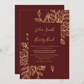 Modern Gold Blätter Burgund Hochzeit Einladung (Vorne/Hinten)