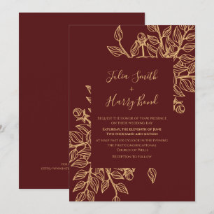 Modern Gold Blätter Burgund Hochzeit Einladung