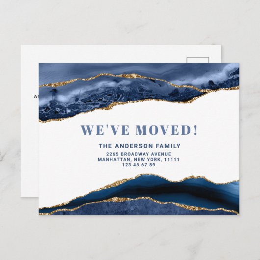 Modern Gold Blue Agate Marble Motion Ankündigung Postkarte (Vorne/Hinten)
