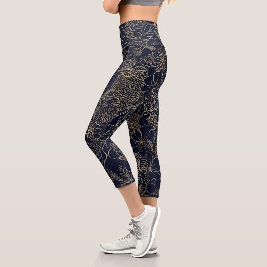 Modern Gold Blue Floral Doodles Line Art Capri Leggings (Links)
