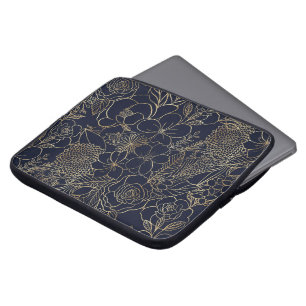 Modern Gold Blue Floral Doodles Line Art Laptopschutzhülle