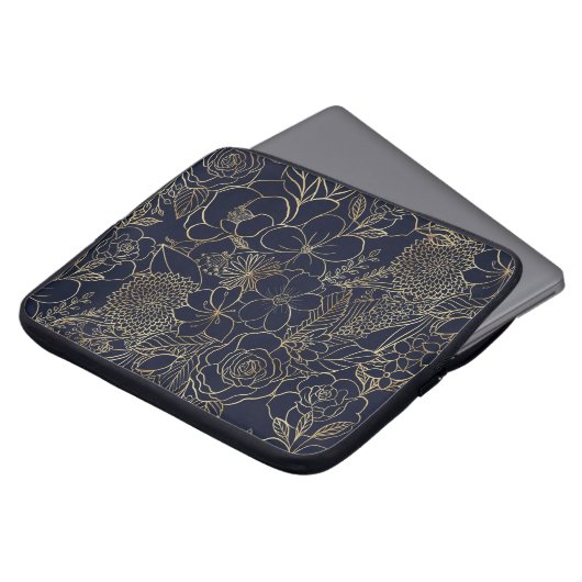 Modern Gold Blue Floral Doodles Line Art Laptopschutzhülle (Vorne Oben)
