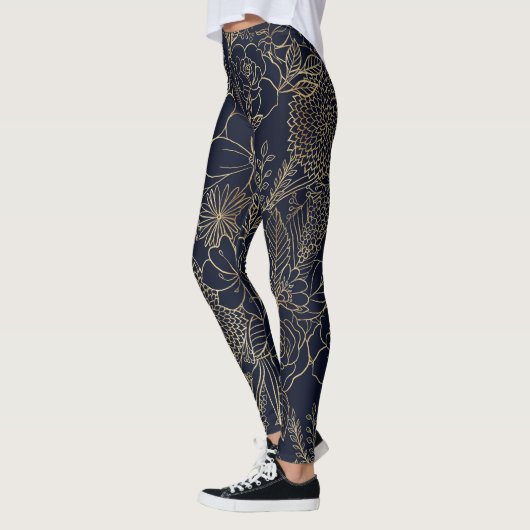 Modern Gold Blue Floral Doodles Line Art Leggings (Links)