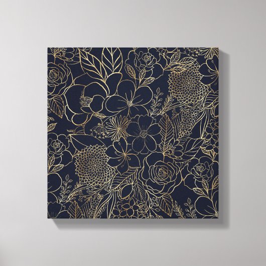 Modern Gold Blue Floral Doodles Line Art Leinwanddruck (Vorderseite)
