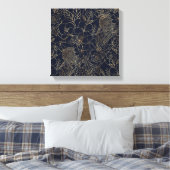 Modern Gold Blue Floral Doodles Line Art Leinwanddruck (Insitu (Schlafzimmer))